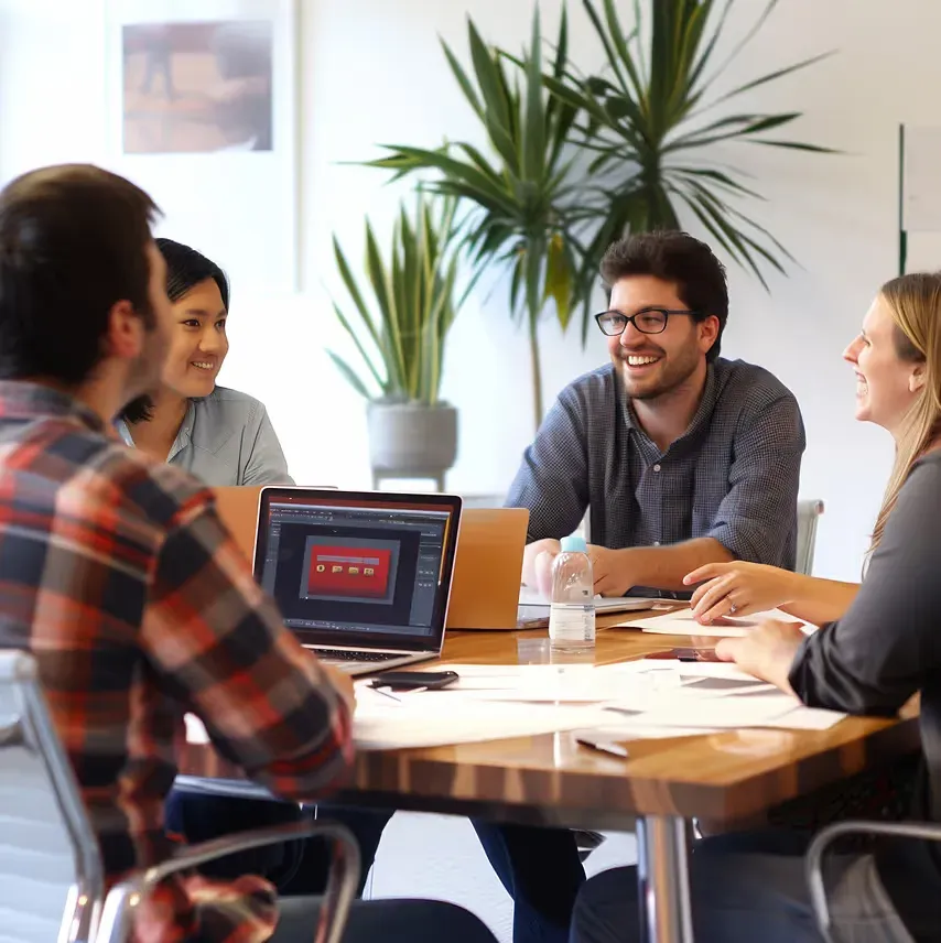 A small group meeting around a table with a laptop